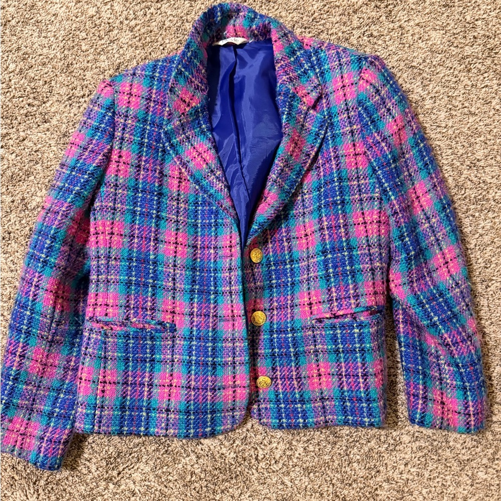 Vintage wool and mohair blazer size 10 pink and blue plaid gold buttons euc